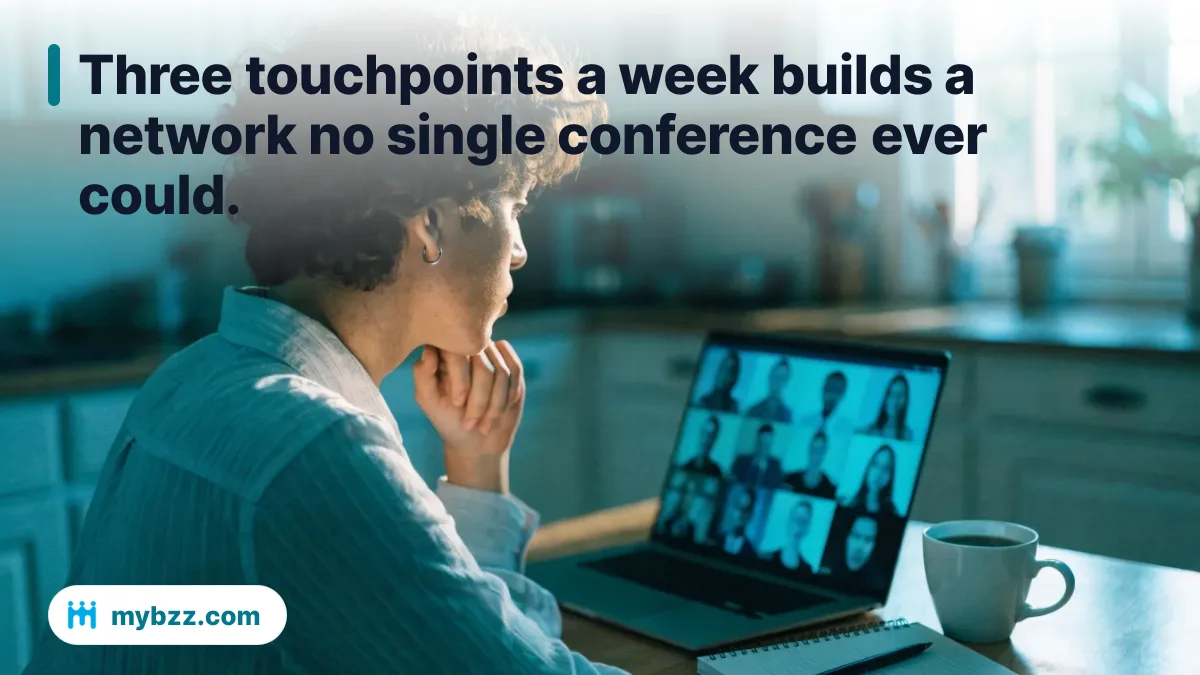 Three touchpoints a week builds a network no single conference ever could. - networking strategies for remote workers