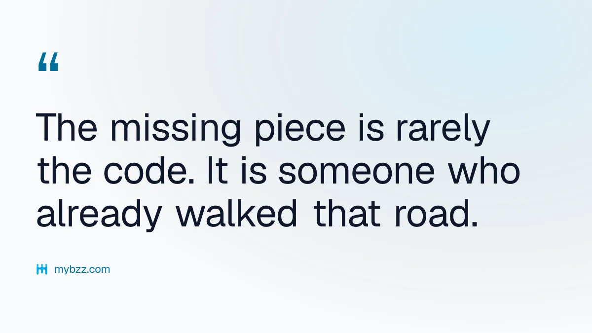 The missing piece is rarely the code. It is someone who already walked that road.